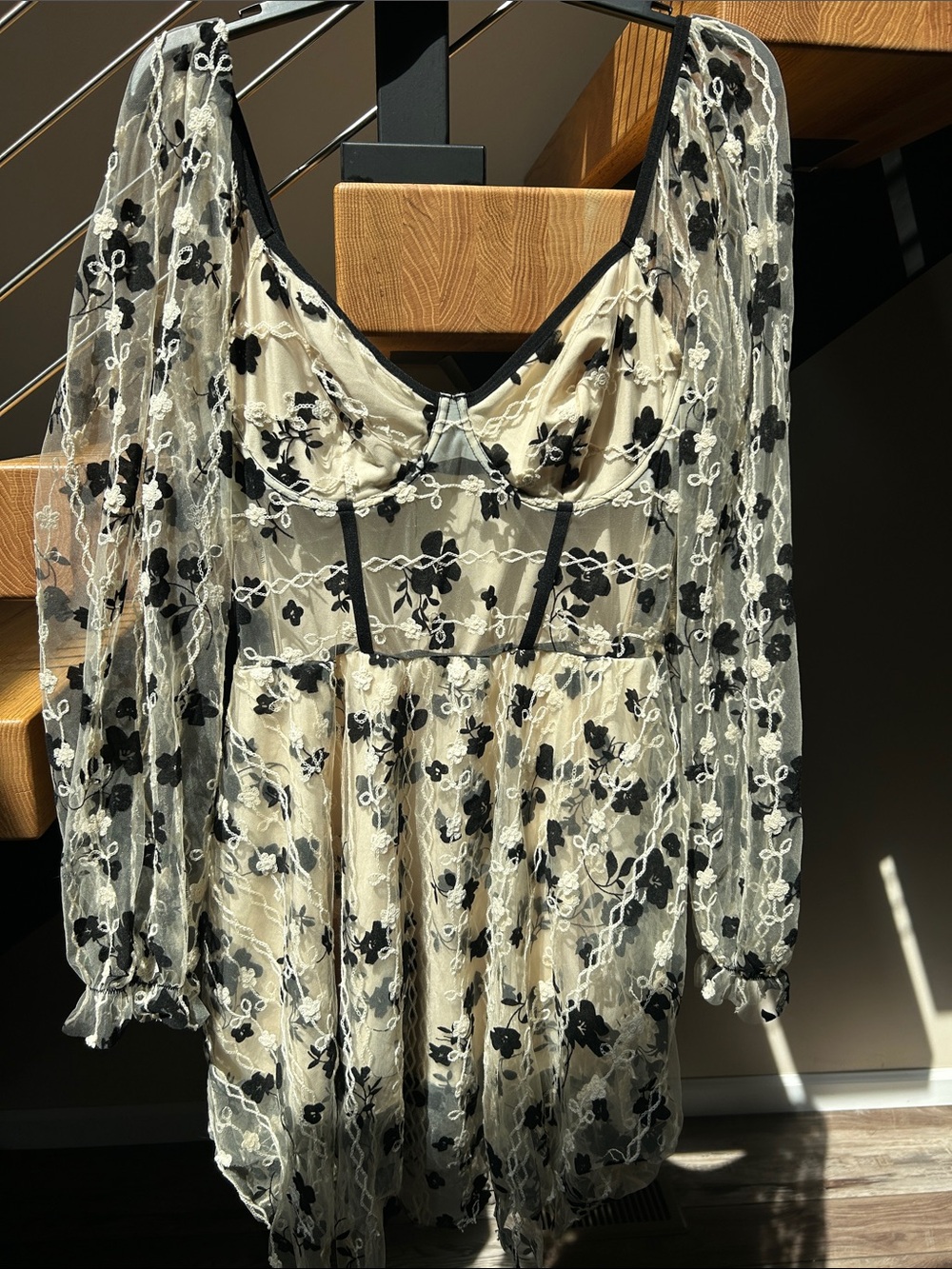 SHEIN Black Floral Embroidered Long Sleeve Mini Dress